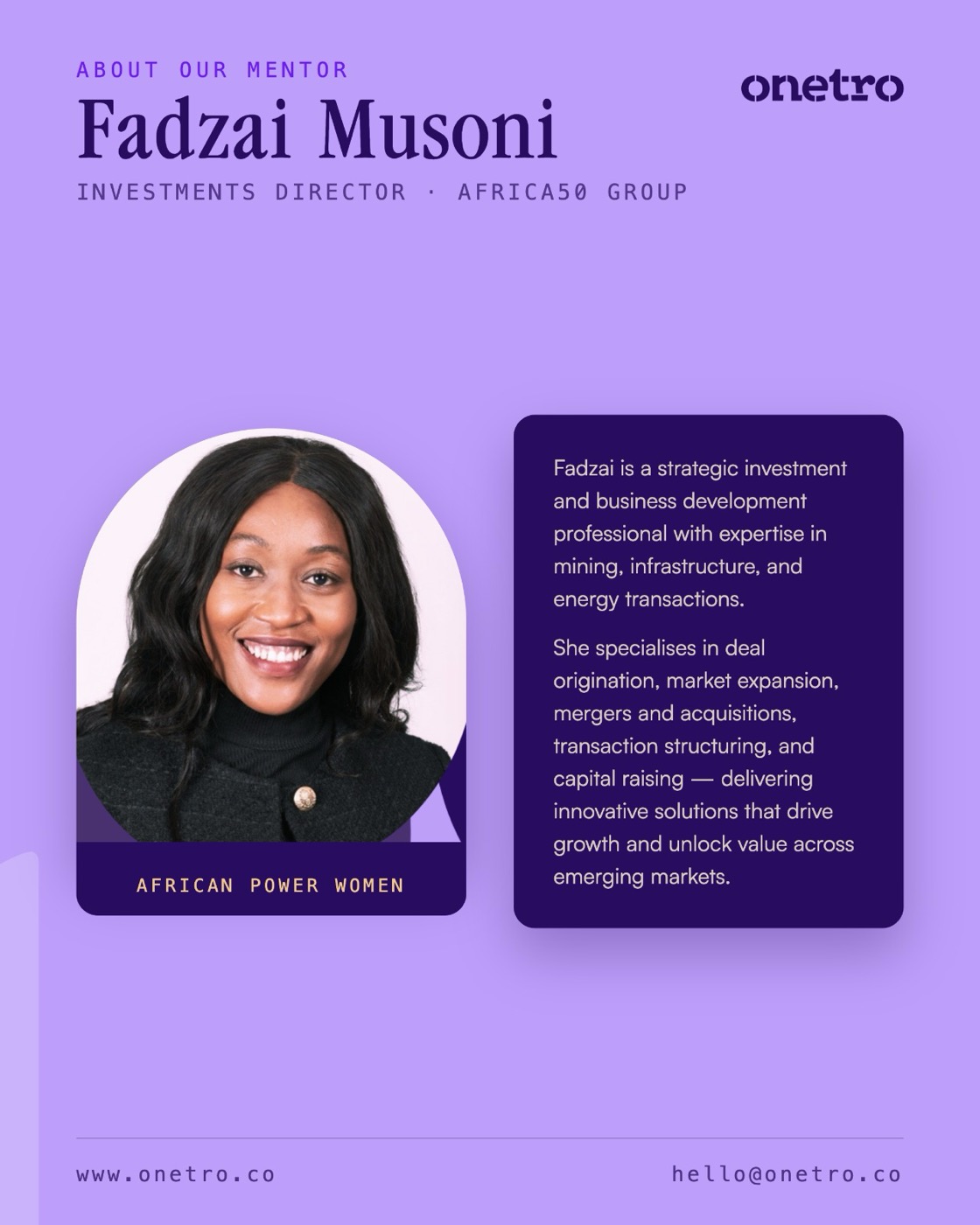 Poster of Fadzai Musoni, Investments Director at Africa50 Group